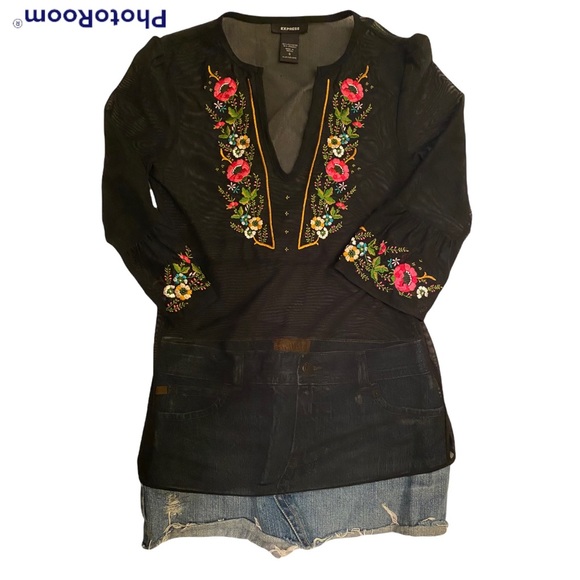 EXPRESS BLACK MESH EMBROIDERED TUNIC TOP SHIRT ⭐️⭐️⭐️⭐️⭐️ - Picture 12 of 14